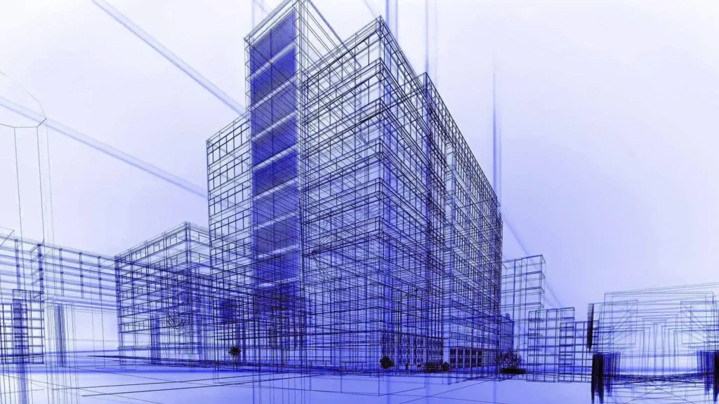 Digital wireframe rendering of a modern commercial building symbolizing innovative structural design and construction management by Icon Group Engineers & Contractors.