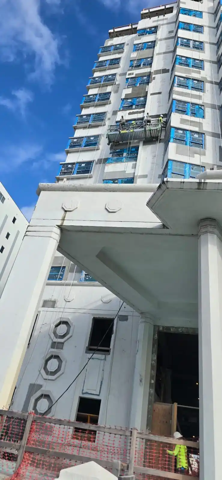 Facade structural repairs performed using vertical access systems at the Delano Hotel in Miami Beach, Florida